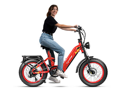 Person sitting alongside the Cyrusher Ovia, Step-through Ebike