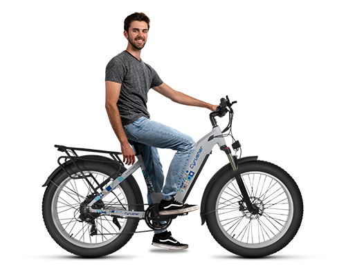 Person sitting alongside the Cyrusher Kuattro, Step-through Ebike