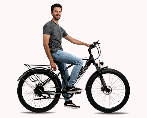 Person sitting alongside the Cyrusher XF650, Affordable Ebike